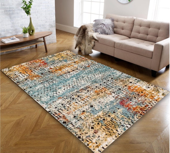 Tribal 6x9 Area Rug - Blue Abstract 4x6 Carpet - Traditional Anti
