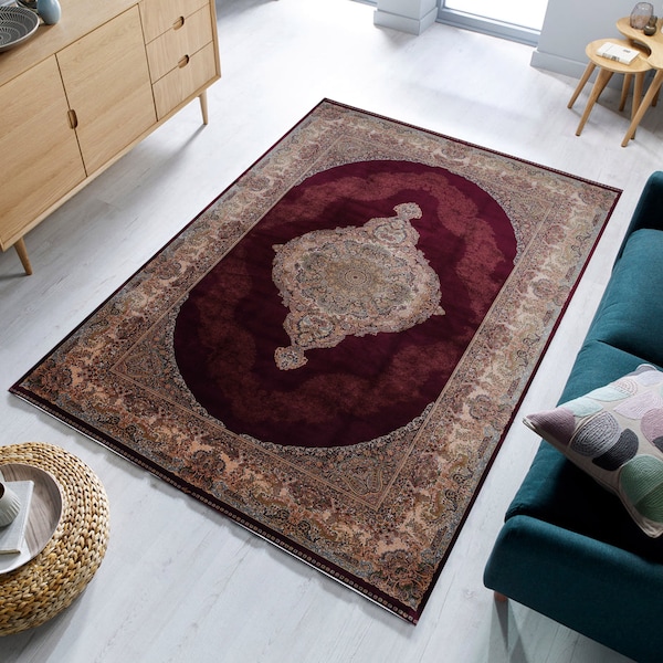 Medallion Rug, Turkish Rug 5x8, Luxury Living Room Rugs, Saloon Rug Carpet, Oriental Rug, Claret Red Rug, 5x8 Cotton Rug, Bedroom Rug tapis