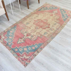 Vintage Turkish Rug, Handmade Rug, 3&#39;9&quot;x7&#39;9&quot;, Red Turkish Rug, Bohemian Rug, Red and Blue Rug, Bedroom Rug, Kitchen Decor, MA-438