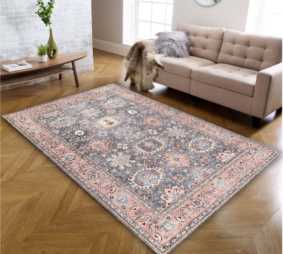 Pink and Blue Rug, Vintage Style Turkish Area Rugs and Runner Rugs