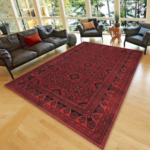 Red Afghan Rug 8x10, Afghan Rug 5x8, Red Rug 6x9, Area Rug, Vintage Style New Easy to Clean Rug, Office Rug, Housewarming Gift for New Home