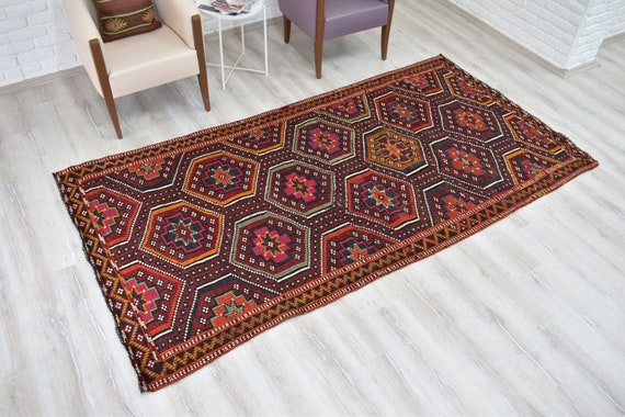 Unique Rug, Turkish Rug, Vintage Rug, Kilim Rug, Wool Rug, Oushak Rug, Handmade Rug, 5x9.4, Geometric Rug, Vintage Rug Decorative Rug,KLM-64