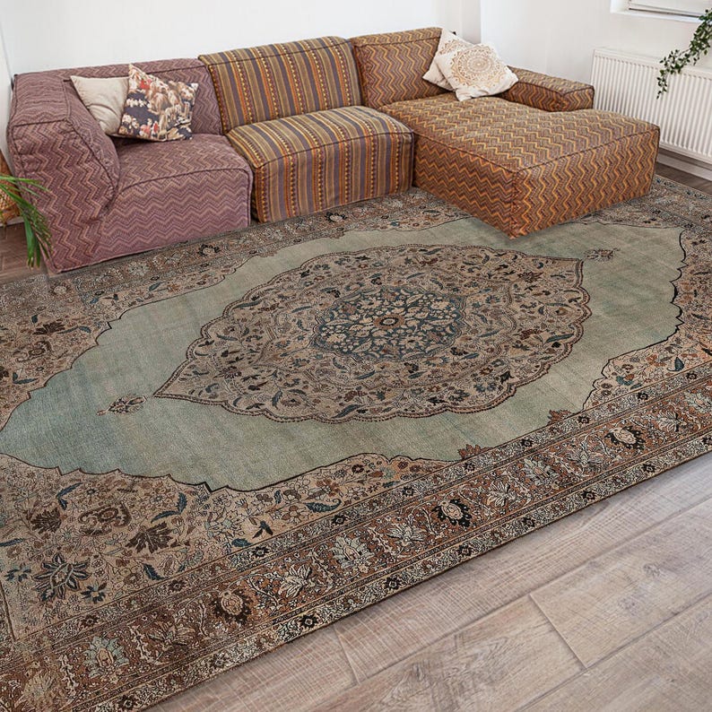 Tappeto stile rustico, tappeto color pietra, tappeto turco blu e verde effetto invecchiato per arredamento soggiorno, tappeto per ufficio immagine 6
