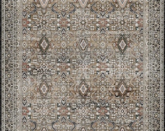 May include: A brown and beige area rug with a traditional Persian design. The rug has a black border with intricate details.