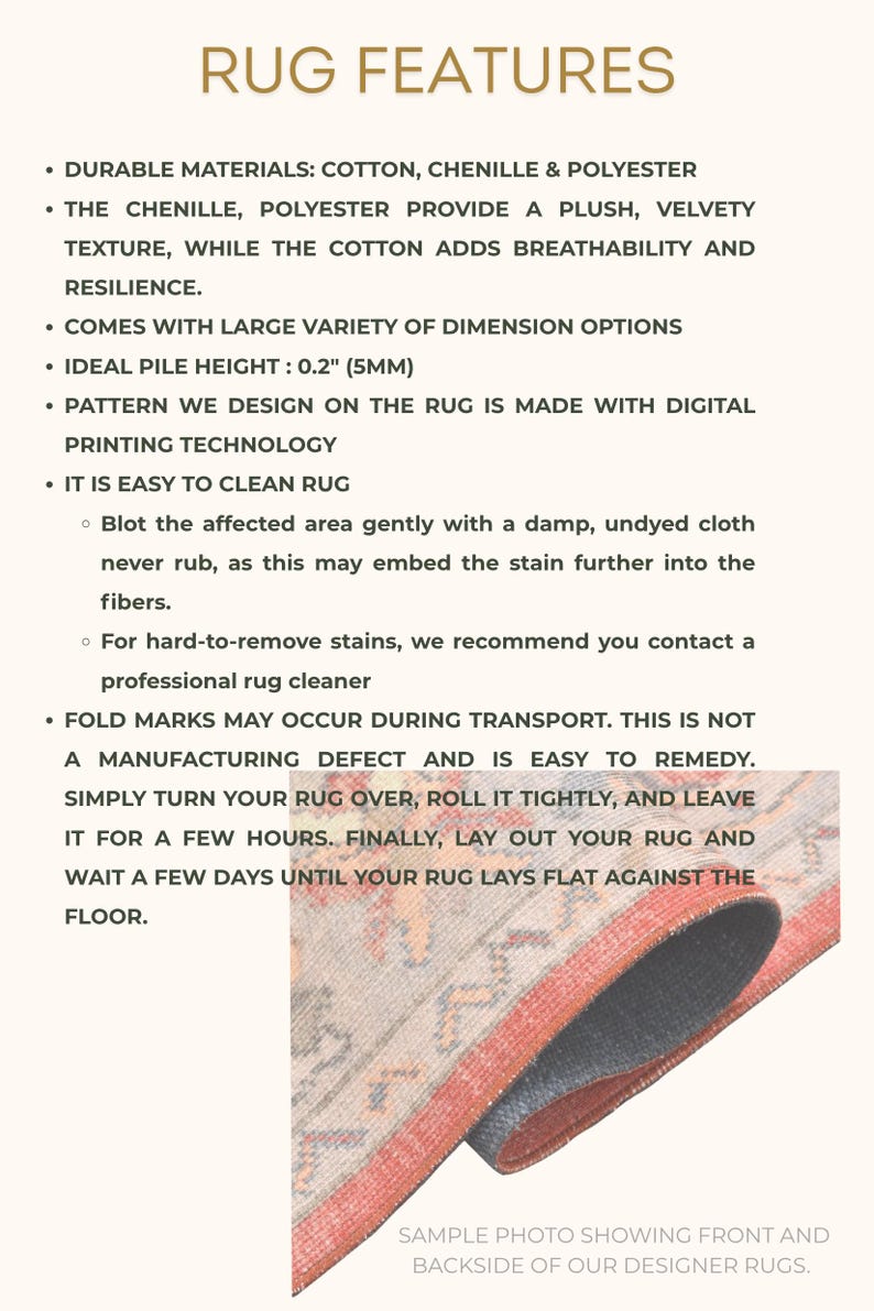 May include: Image features of a rug, including durable cotton, chenille, and polyester materials. The text highlights the plush texture, breathability, and easy cleaning. The pile height is 0.2 inches (5mm).