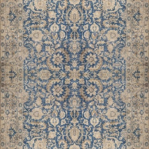 Kilimway Blauer Teppich, Pastell Vintage Oushak Blau Beige Blumenteppich für Wohnzimmer Boho Schlafzimmer Esszimmer Küche Badezimmer Hauseingang