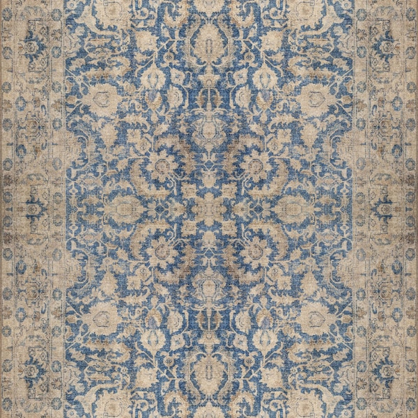 Kilimway Blue Area Rug, Pastel Vintage Oushak Blue Beige Floral Rugs for Living Room Boho Bedroom Dining Room Kitchen Bathroom Home Entrance