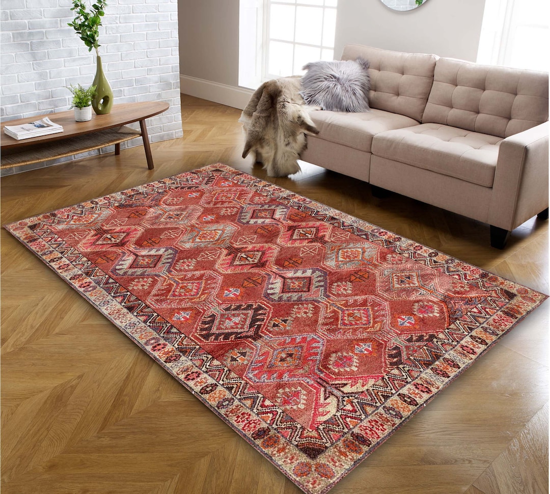Traditional Carpet, Red Pink Area Rug, Herki Pattern Silky Soft Non