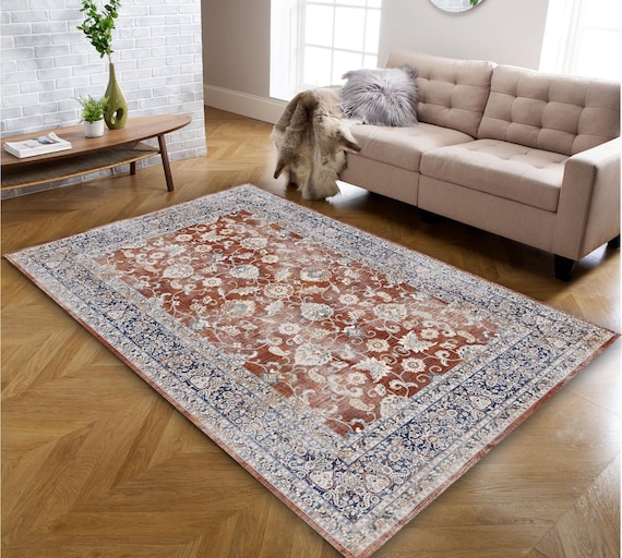 Bohemian Red Area Rug Rustic Mid Century Modern Small Large Oversize Distressed Red Blue Carpet Rugs for Living room Bedroom Dining Room