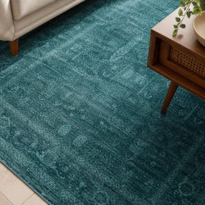 Teal verweerd vloerkleed, turquoise tapijt met botanisch tuinpatroon, oosters tapijt voor een gezellige woonkamer en huisdecoratie.