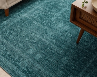 Teal Distressed Area Rug, Turquoise Carpet in Botanical Garden Pattern, Oriental Carpet for Living Room Cozy Home Decoration