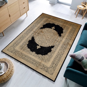 Turkish Rug, Area Rugs 3x5 4x6 5x8 Traditional Rug Black Dark Blue Gold Rug Cotton Rug Oriental Rug For Living Room Bedroom Entryway Tapis