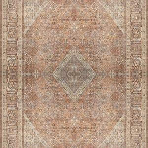 May include: A brown and beige area rug with a traditional Persian design. The rug has a central diamond shape with intricate details and a border with repeating patterns.