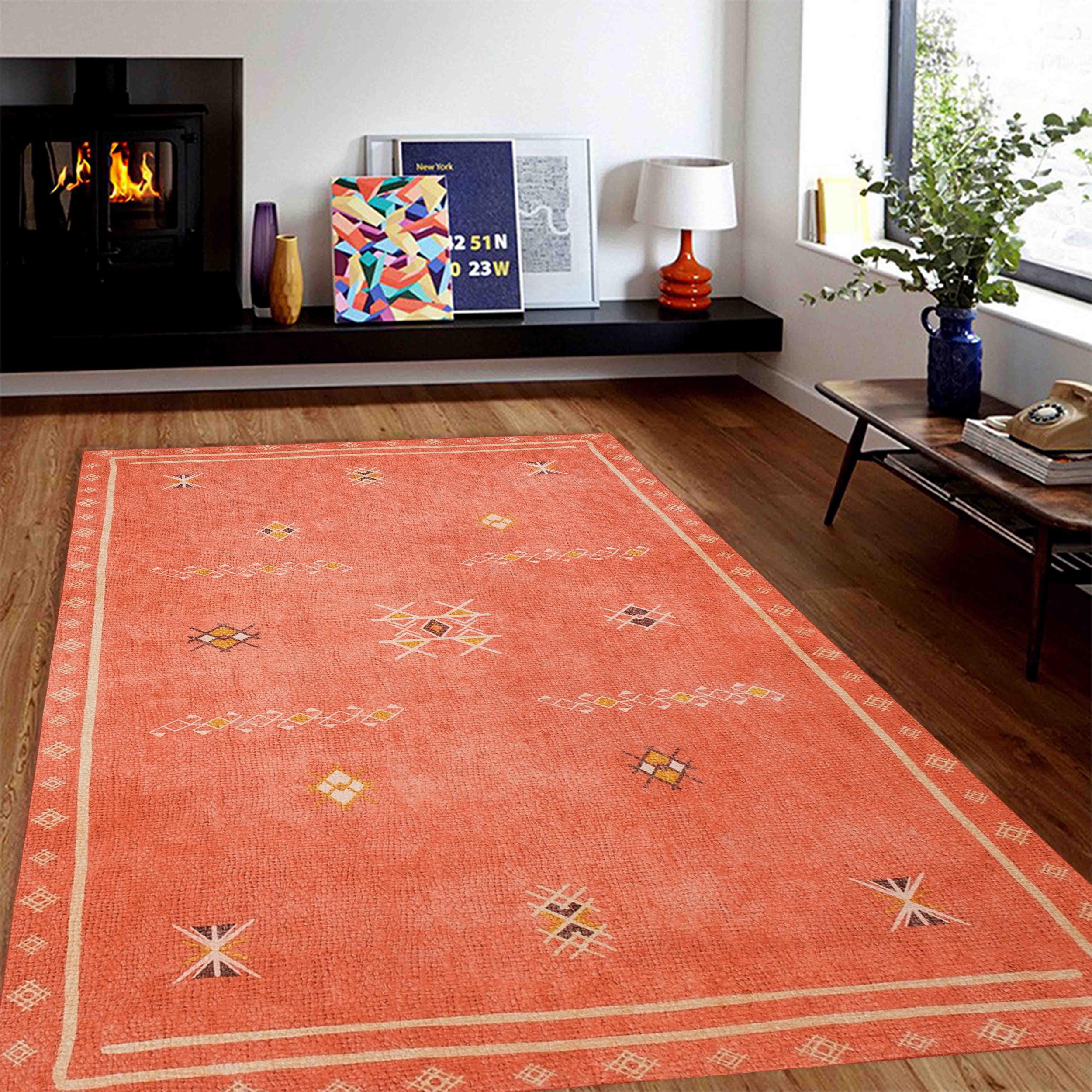 87.5×179 “Orange Flamingo” ViNTAGE RUG Area Rug, Vintage Burnt Orange Coral Kitchen Bedroom Living Room