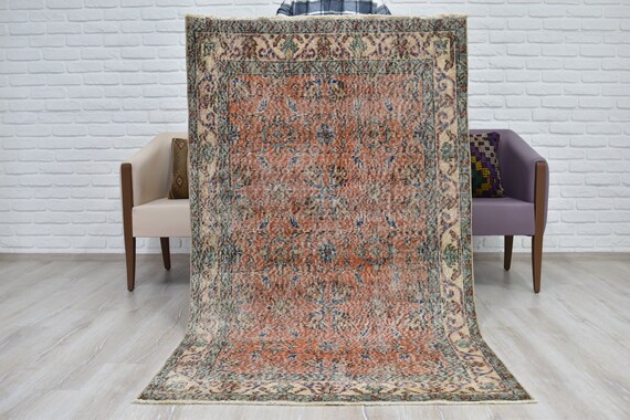 Handmade Vintage Rug, 3'8"x6'4",  Turkish Rug, Oushak Rug, Anatolian Rug, Orange Rug, Floral Rug, Runner Rug, Bedroom Rug, MA-400