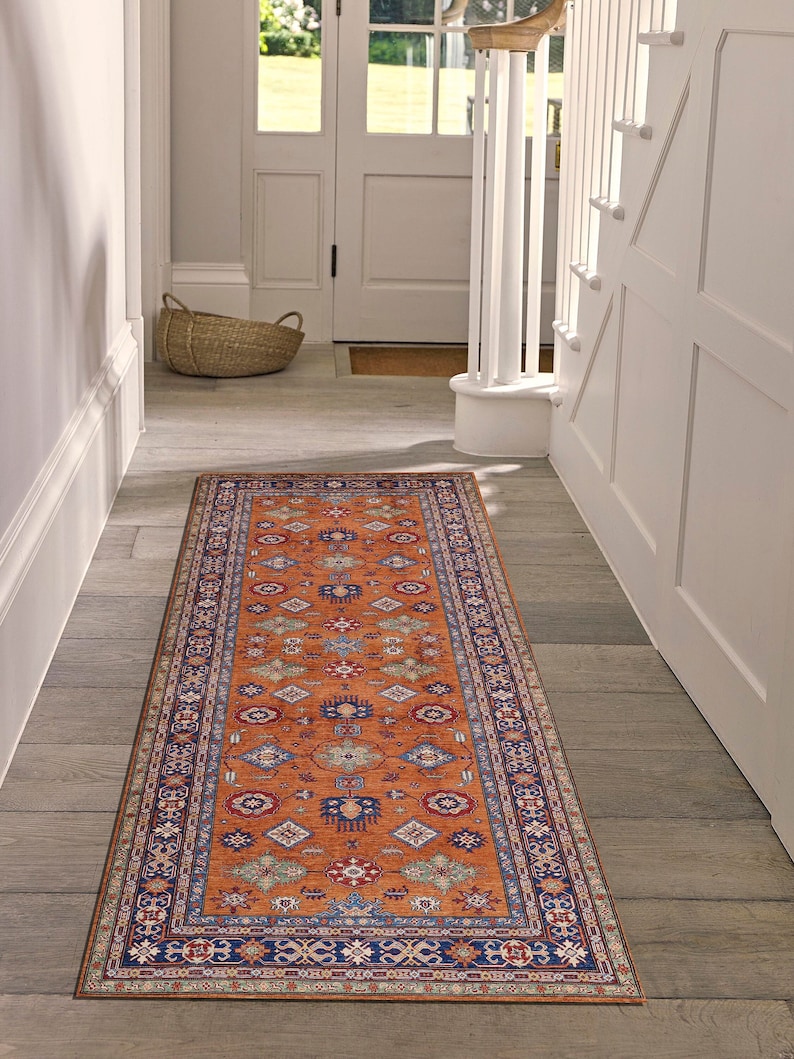Turkish Runner Orange Entryway Runner Rug Washable Non slip Staircase Runner Rug, Bathroom Kitchen Hallway Rugs free shipping rug image 1
