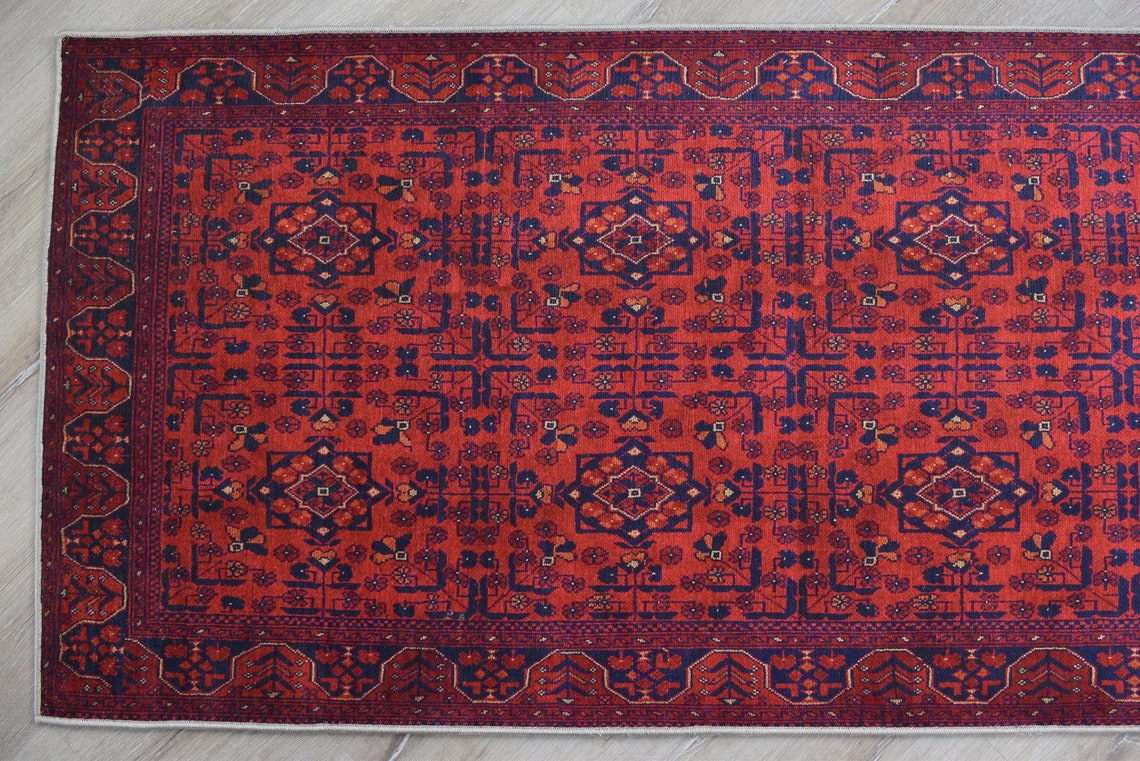 Red Afghan Runner Rug Red and Dark Blue Runner Rug for Etsy