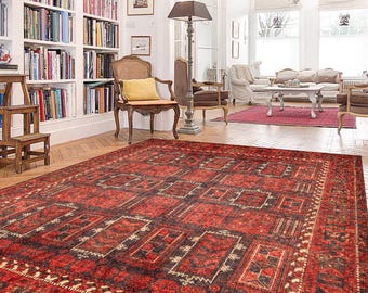 Red Afghan Rug, Rustic Carpet, 5x8 Rug, Bedroom Rug, Decorative