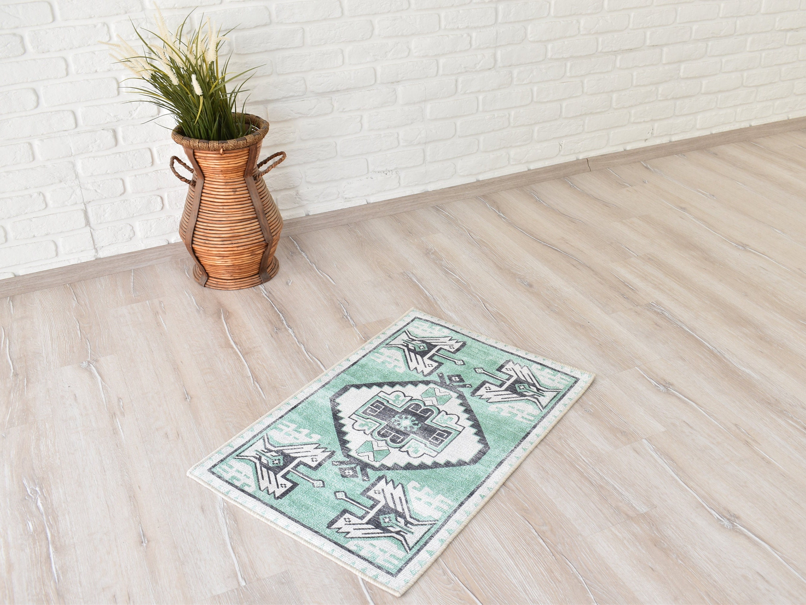 Sea Green Turkish Rug, 2x3 Vintage Design Rug, Turkish