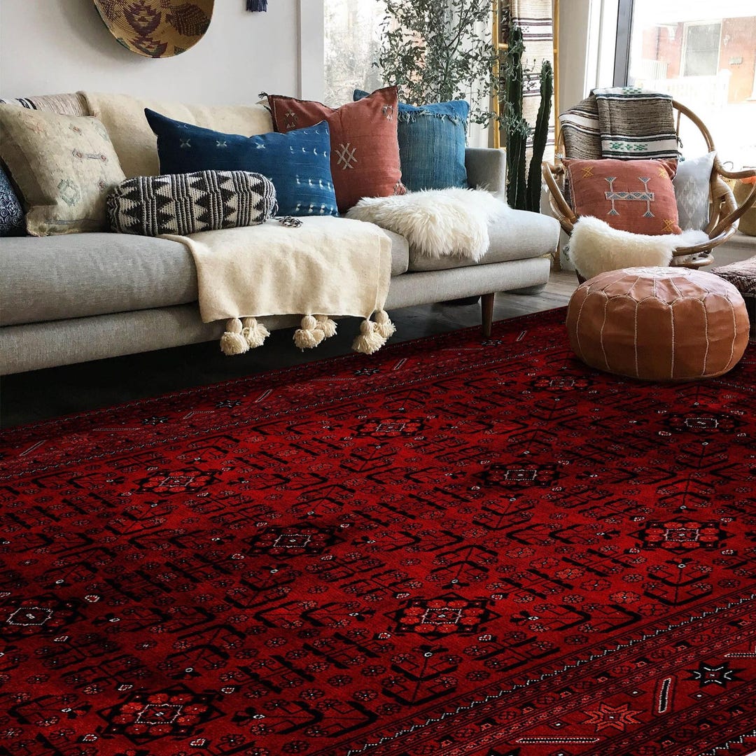Dark Red Afghan Rug 4x6, Oriental Rug 5x8, Traditional Rug 6x9