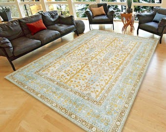Beige Blue Oushak Rug Mustard Yellow & Pastel Blue Turkish Area Rug Boho Farmhouse Decor Many Size Options Available Custom Rug