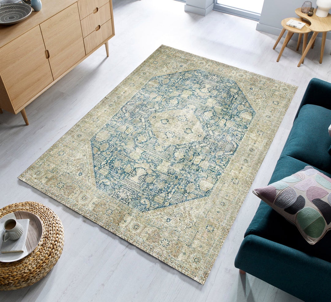 BOHO Persian Rug, Dusty Faded Beige Blue Rug Vintage Oushak Antique