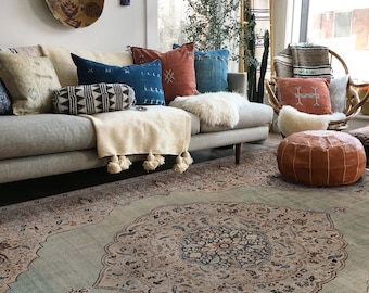 May include: A light blue rug with a large, intricate, floral pattern in shades of brown, beige, and blue. The rug is in a living room setting with a gray sofa and a variety of throw pillows.
