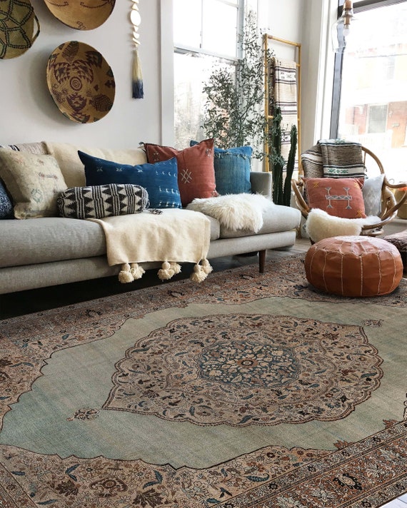 Farmhouse Rug Stone Color Rug Blue and Green Distressed Turkish Rug Oriental Rug Persian Rug Turkish Rug for Living Room Decor Office Rug