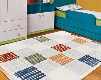 Kids Rug | Woven Rug | Soft Rug | Modern Minimalist Nursery Carpet | Colorful Abstract Area Rug | Playroom Rug | Children Carpet | Kids Rug