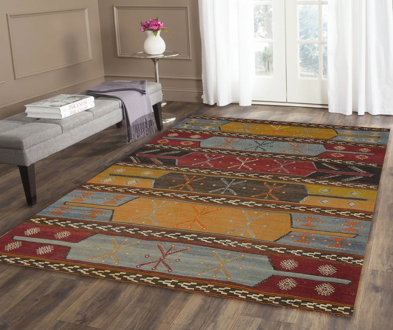 KILIM RUG, Farmhouse Rug Blue Yellow Red Turkish Kilim Rug 5x8 Area Rug Luxury Bedroom Rug Living Room Rugs for Kitchen Floor Rug image 4