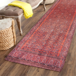 Red Runner Rug, Afghan Rug, Faded Rug, Antique Looking Runner Rug, Oriental Red Medallion Runners Rugs for Hallway Luxury Bathroom Entryway