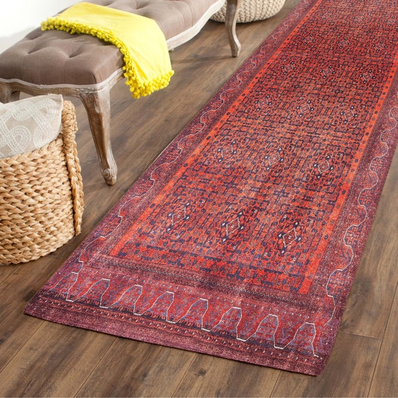 Red Runner Rug, Afghan Rug, Faded Rug, Antique Looking Runner Rug, Oriental Red Medallion Runners Rugs for Hallway Luxury Bathroom Entryway