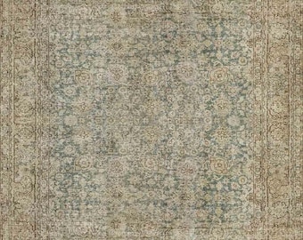 Vintage Green and Beige Rug, Distressed Antique Look Washable Area Rug and Runner Rug for Kitchen Carpet Boho Living Room