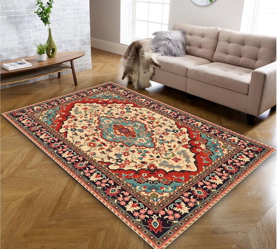 Oriental Medallion Red Area Rug Persian Red and Green Mid Century Modern Small Large Oversize Carpet for Living Room Bedroom Dining Room Etsy