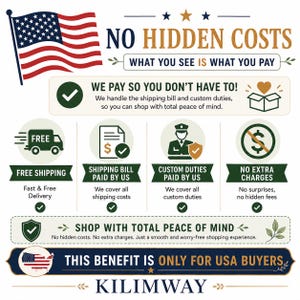 May include: An informational graphic featuring the American flag and the text NO HIDDEN COSTS, WHAT YOU SEE IS WHAT YOU PAY, WE PAY SO YOU DON'T HAVE TO, FREE SHIPPING, SHIPPING BILL PAID BY US, CUSTOM DUTIES PAID BY US, NO EXTRA CHARGES, and KILIMWAY.