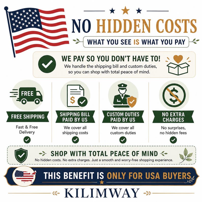 May include: An informational graphic featuring the American flag and the text NO HIDDEN COSTS, WHAT YOU SEE IS WHAT YOU PAY, WE PAY SO YOU DON'T HAVE TO, FREE SHIPPING, SHIPPING BILL PAID BY US, CUSTOM DUTIES PAID BY US, NO EXTRA CHARGES, and KILIMWAY.