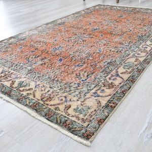 May include: A rectangular area rug featuring a central field of burnt orange with intricate floral and vine patterns in blue and cream. The wide border displays a repeating botanical motif in muted green, blue, and orange tones with fringe.