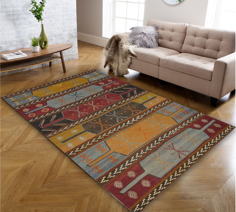 KILIM RUG, Farmhouse Rug Blue Yellow Red Turkish Kilim Rug 5x8 Area Rug Luxury Bedroom Rug Living Room Rugs for Kitchen Floor Rug image 1