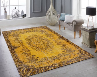 Alfombra turca amarilla, alfombras 5x8, alfombras de área 4x6, alfombra de algodón, alfombra Oushak amarilla, alfombra de guardería, alfombras boho para sala de estar dormitorio alfombra de cocina