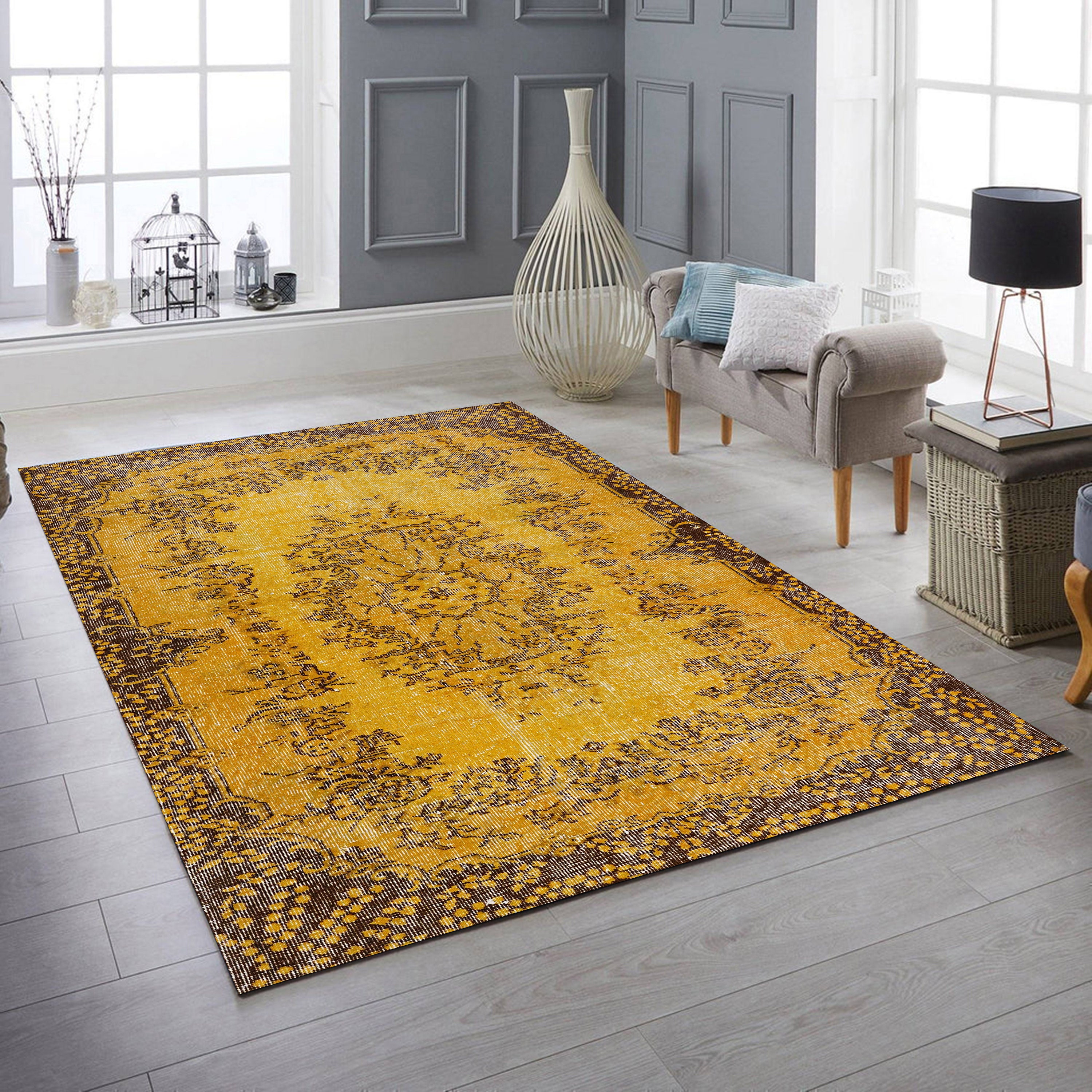 Yellow Turkish Rug, Rugs 5x8, Area Rugs 4x6, Cotton Rug
