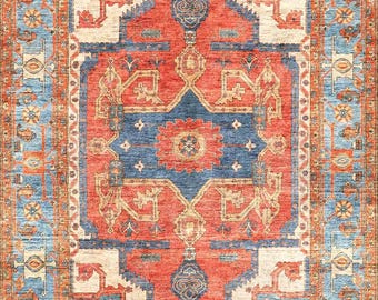 Coral Red Blue Area Rug Washable Turkish Rug Modern Oushak Contemporary Farmhouse Decor Carpet Many Size Options Available Custom Rug