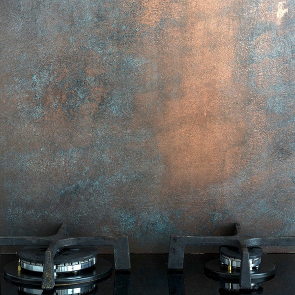 Kitchen splashback aged copper effect (Misty Blues)