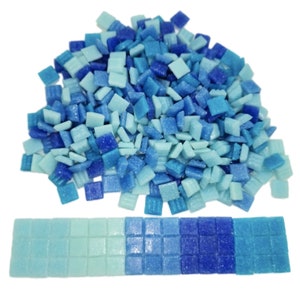Mosaikglasfliesen Blaue Farben gemischt 1 x 1 cm oder 2x2 cm 250 g pro Flasche