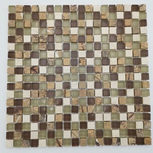 KS41 Carreaux de mosaïque en pierre naturelle avec carreaux de verre en mosaïque beige et marron Taille 15 x 15 mm KS41