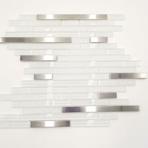YH12B 1Quadratmeter Glas- und Edelstahl-Mosaikfliesenstreifen, matt Edelstahl und weißes Glas gemischt