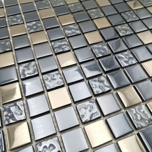 DT77B glass mosaic tiles  2,3x2,3cm mosaic tiles smooth and corrugated glass metallic and copper gold galvanized 30x30cm