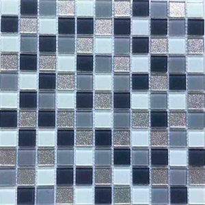 H2030 Mosaikfliesen Silbern glänzendes Glas gemischt Grauem Glasfliesen für Wände Deko, Sliver, Schwarz, Weiß