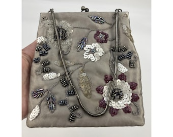 Vintage Elan Mini-Handtasche mit Perlen und Blumenmuster, Satin, Grau-Lila, Kussverschluss, Abendtasche, Party