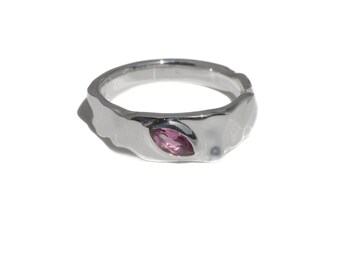 Pink Tourmaline Signet Ring, Wavy Organic Ring Design, Sterling Silver 925