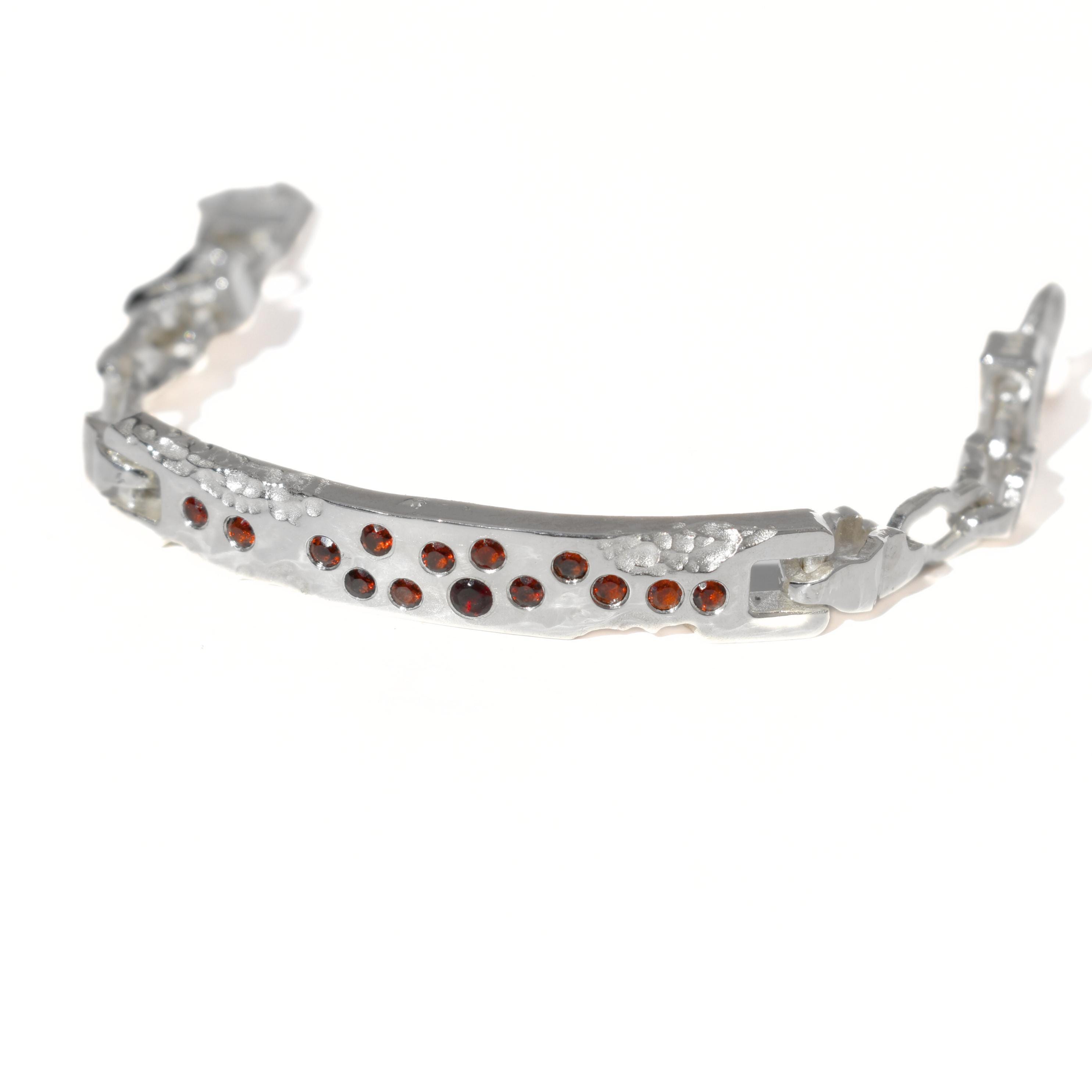 Sterling Silver Bracelet with Garnet Stones, Handmade Hammered Men's Jewelry
